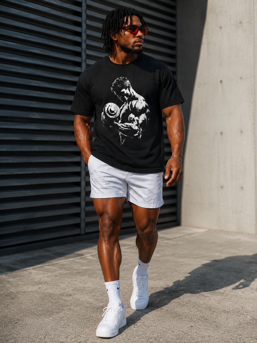B&W Bodybuilder Bicep Curl T Shirt